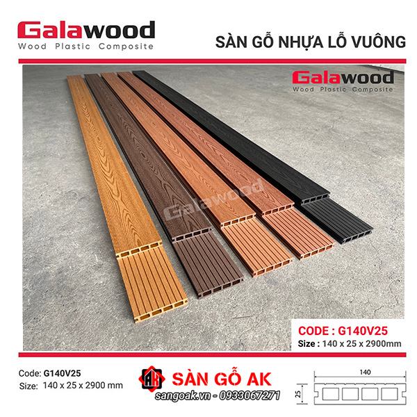 Sàn gỗ nhựa ngoài trời Galawood lỗ vuông G140V25 Yellow