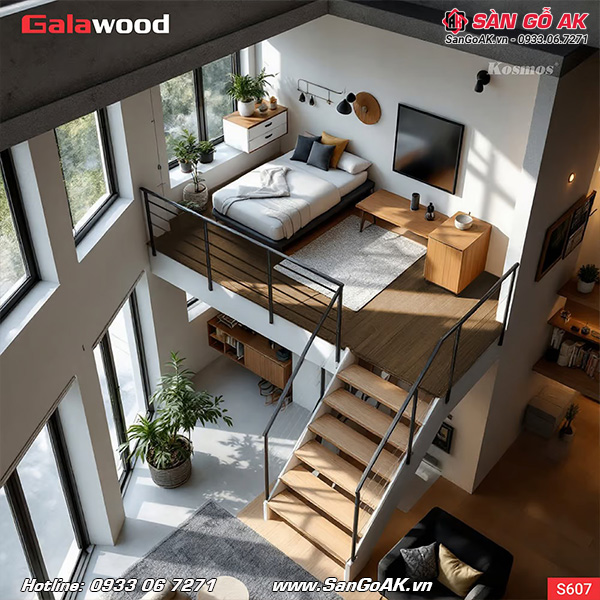 Sàn nhựa chịu lực vân gỗ nâu vàng Galawood S607