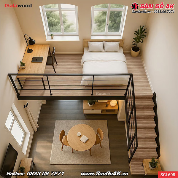 Sàn nhựa chịu lực gác lửng Galawood SCL608 vân gỗ vàng kem