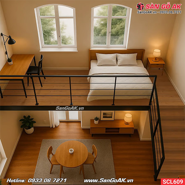 Sàn nhựa chịu lực gác lửng Galawood SCL609 vân gỗ vàng cam