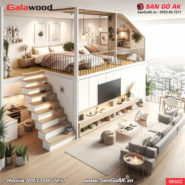 Sàn nhựa chịu lực gác lửng Galawood SK602 vân gỗ sồi vàng đậm