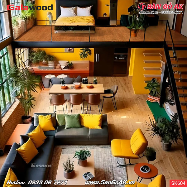 Sàn nhựa chịu lực gác lửng Galawood SK604 vân gỗ vàng cam