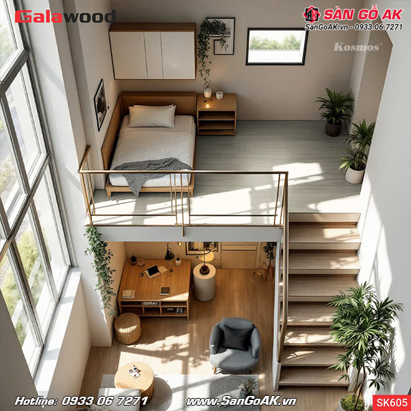 Sàn nhựa chịu lực gác lửng Galawood SK605 vân gỗ trắng ngà