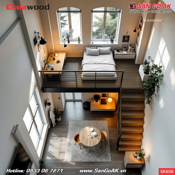 Sàn nhựa chịu lực gác lửng Galawood SK606 vân gỗ nâu wanult