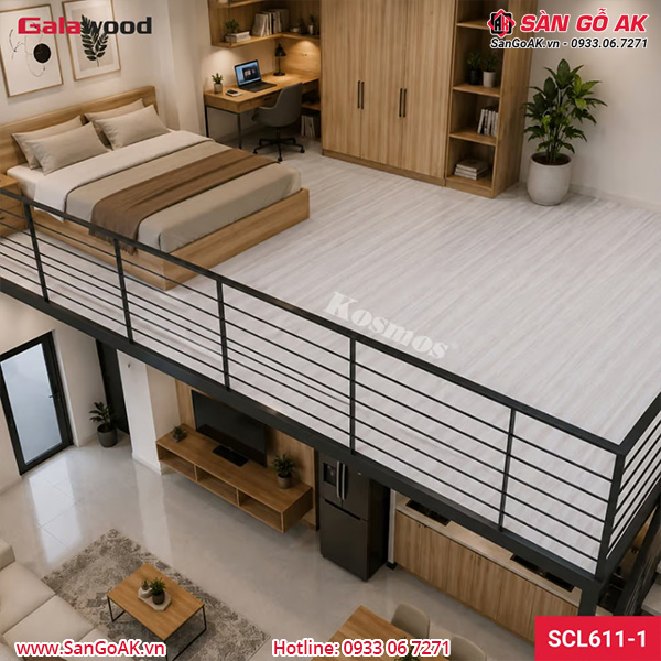 Sàn nhựa chịu lực gác lửng Galawood SCL611-1 vân gỗ xám nhạt