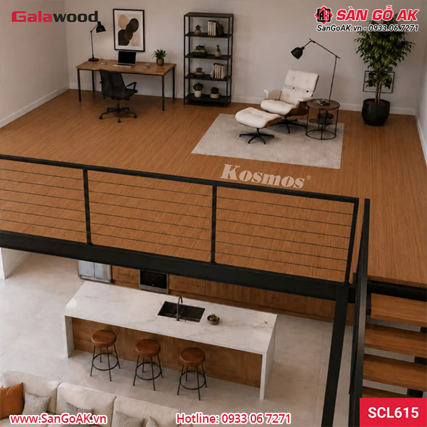 Sàn nhựa chịu lực gác lửng Galawood SCL615 vân gỗ nâu cam