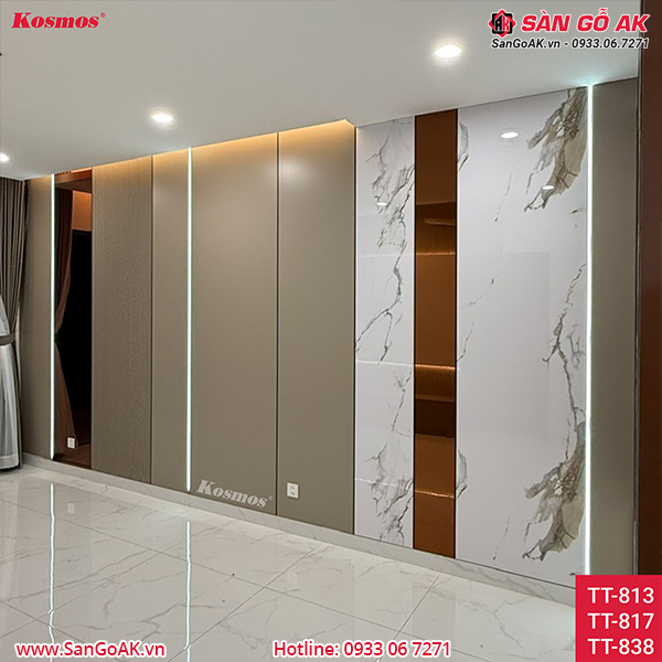 Tấm ốp than tre Kosmos vân đá PET vân mây ánh vàng TT-838