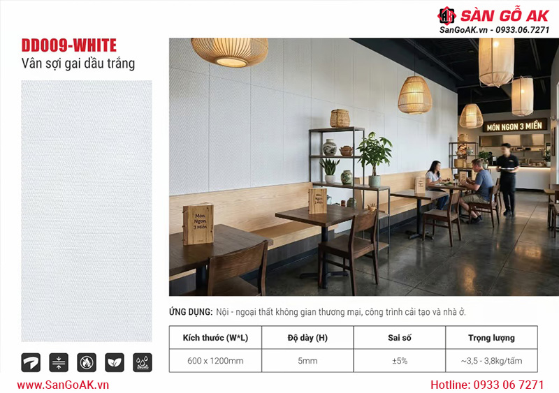 Tấm ốp đá dẻo Kosmos DD009-WHITE vân sợi gai dầu trắng