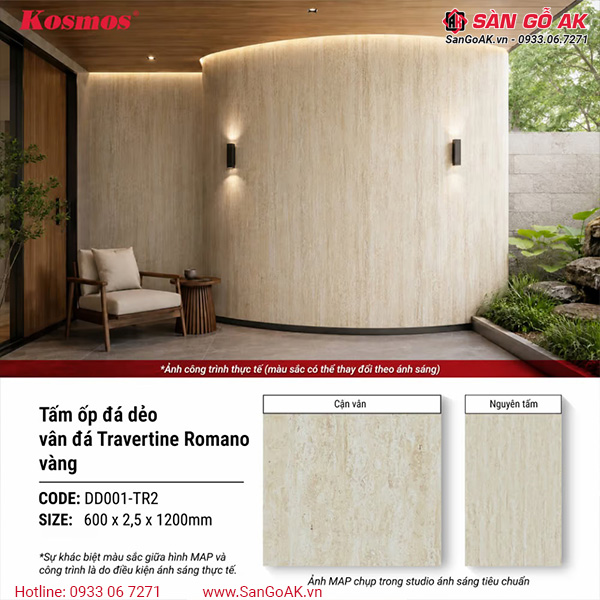 Tấm ốp đá dẻo Kosmos DD001-TR2 vân đá Travertine Romano vàng