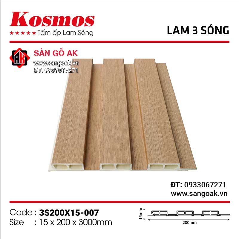 Tấm ốp lam 3 sóng thấp PVC Kosmos 3S200X15-007