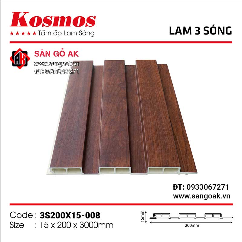 Tấm ốp lam 3 sóng thấp PVC Kosmos 3S200X15-008