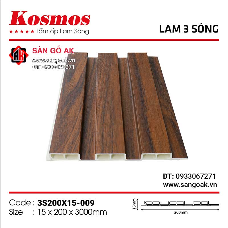 Tấm ốp lam 3 sóng thấp PVC Kosmos 3S200X15-009
