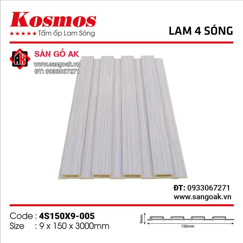 Tấm ốp lam 4 sóng thấp PVC Kosmos 4S150X9-005