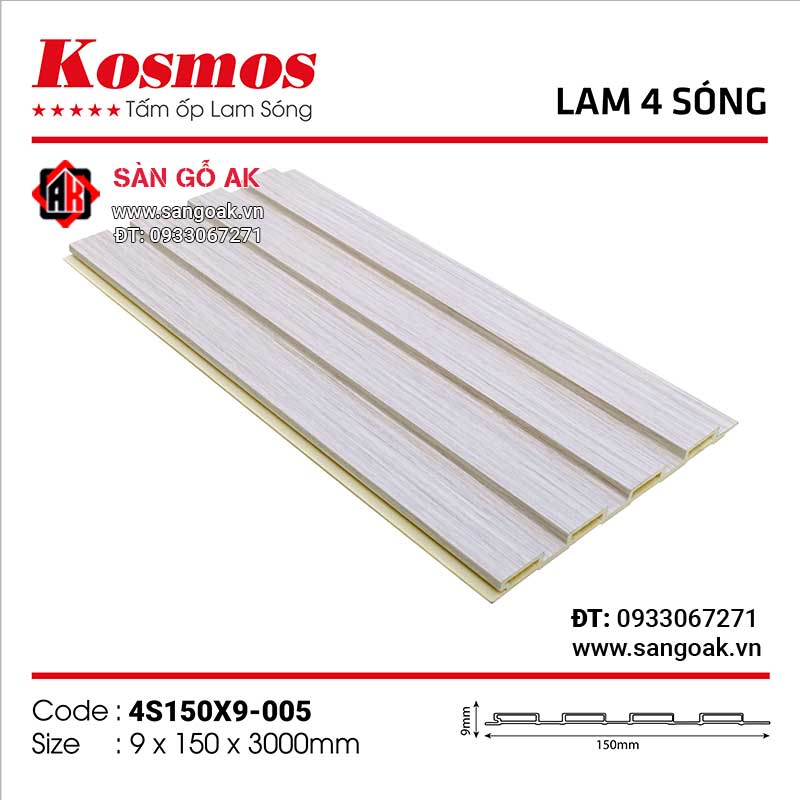 Tấm ốp lam 4 sóng thấp PVC Kosmos 4S150X9-005