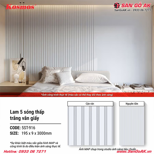 Tấm ốp lam 5 sóng thấp Kosmos 5ST-916 trắng vân giấy