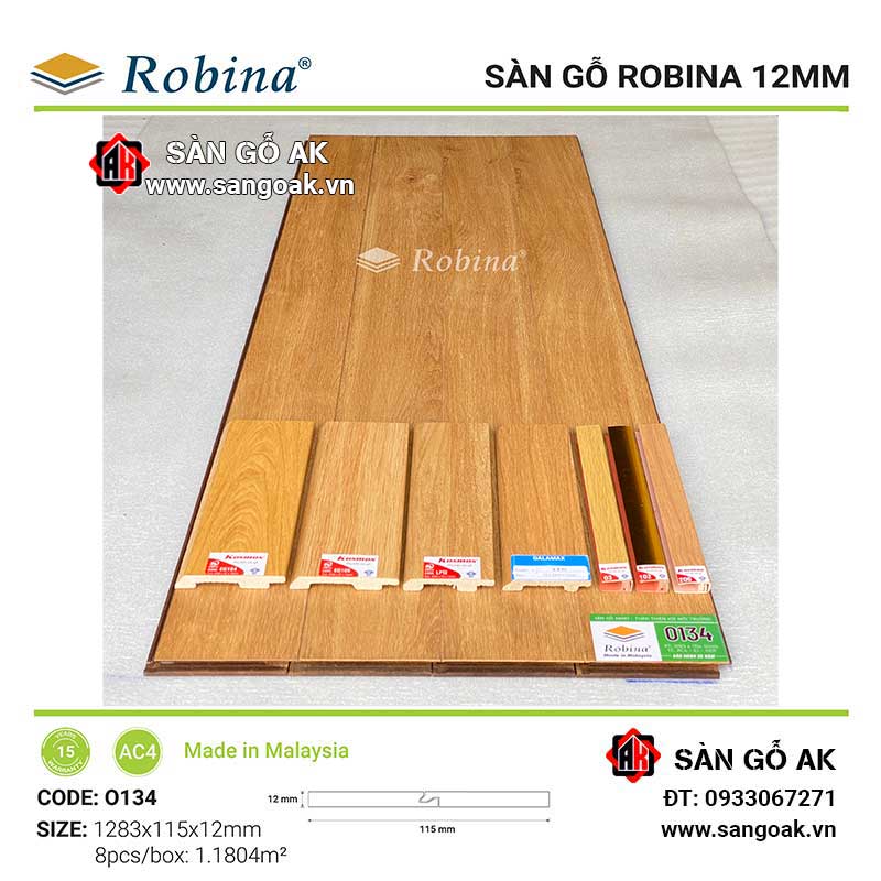 Sàn Gỗ Công Nghiệp Malaysia Robina 12mm O134 Bản Nhỏ