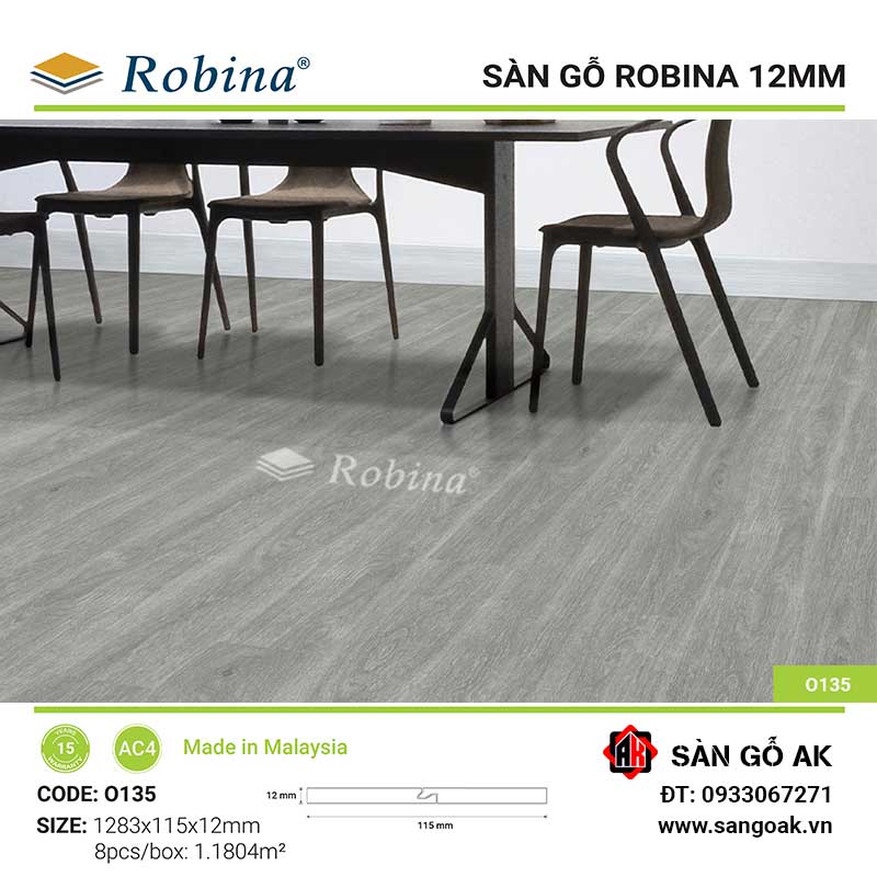 Sàn Gỗ Công Nghiệp Malaysia Robina 12mm O135 Bản Nhỏ