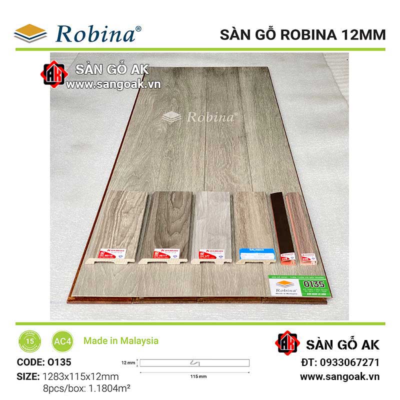 Sàn Gỗ Công Nghiệp Malaysia Robina 12mm O135 Bản Nhỏ