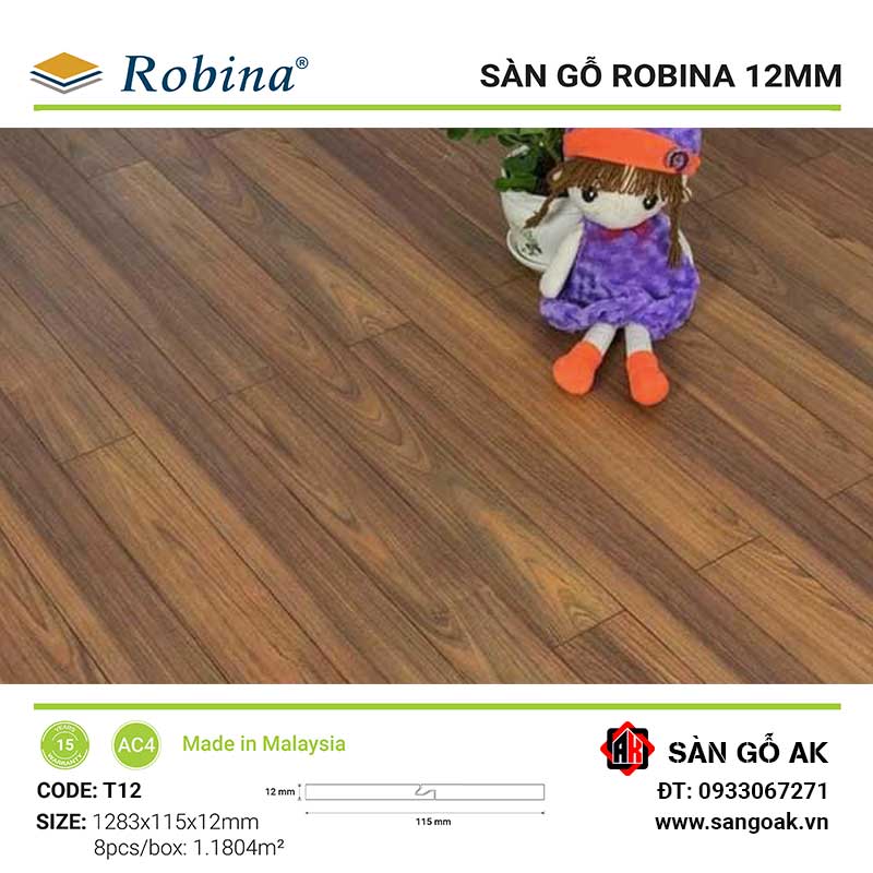 Sàn Gỗ Công Nghiệp Malaysia Robina 12mm T12 Bản Nhỏ
