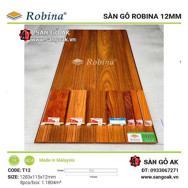 Sàn Gỗ Công Nghiệp Malaysia Robina 12mm T12 Bản Nhỏ
