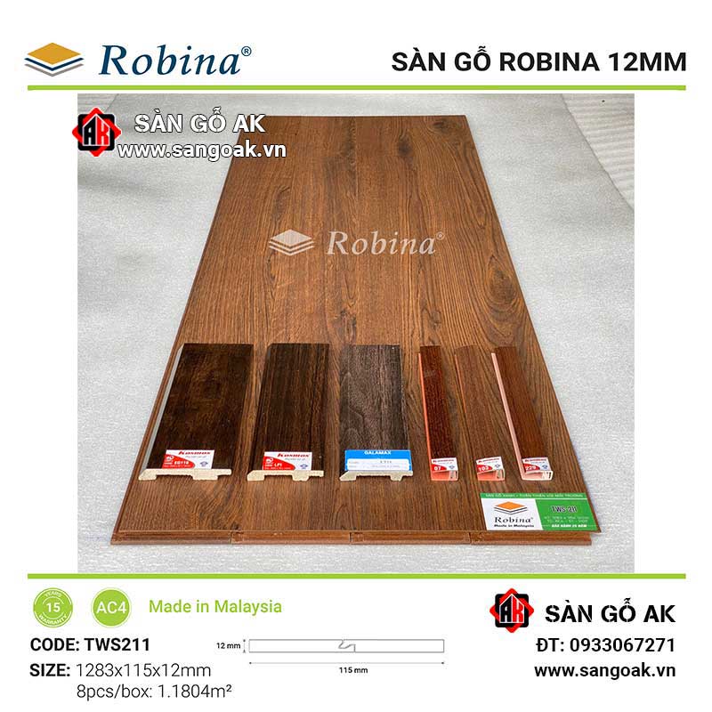 Sàn Gỗ Công Nghiệp Malaysia Robina 12mm TWS211 Bản Nhỏ