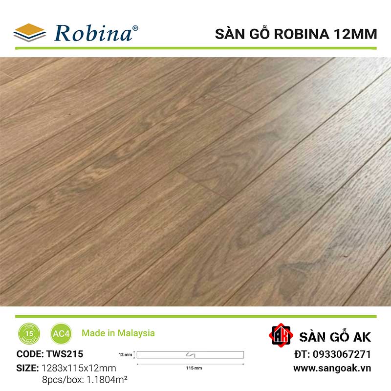 Sàn Gỗ Công Nghiệp Malaysia Robina 12mm TWS215 Bản Nhỏ