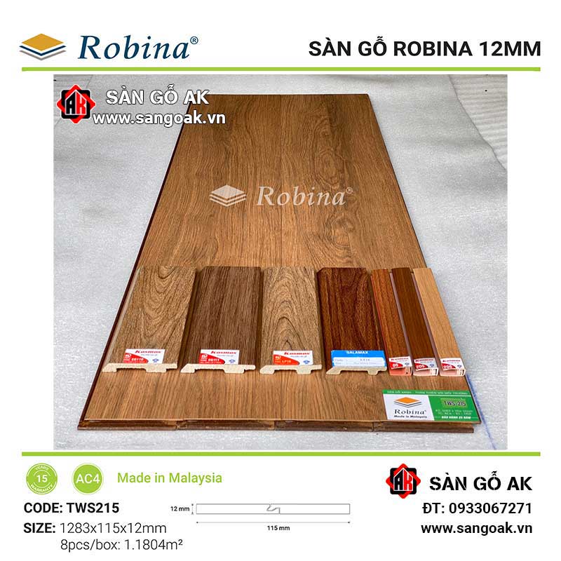 Sàn Gỗ Công Nghiệp Malaysia Robina 12mm TWS215 Bản Nhỏ