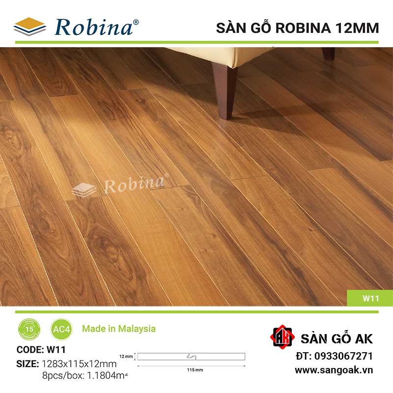 Sàn Gỗ Công Nghiệp Malaysia Robina 12mm W11 Bản Nhỏ
