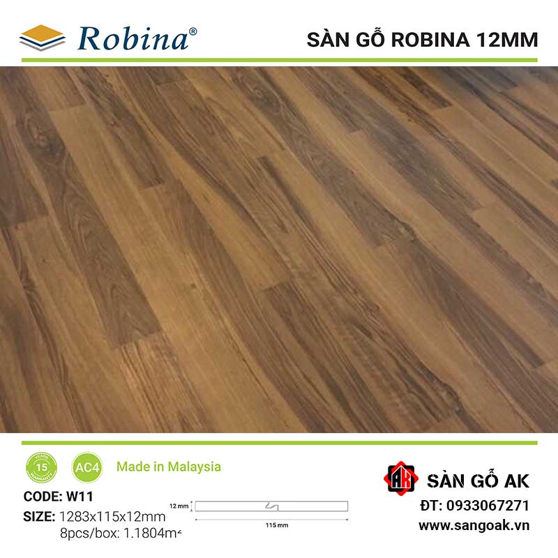 Sàn Gỗ Công Nghiệp Malaysia Robina 12mm W11 Bản Nhỏ