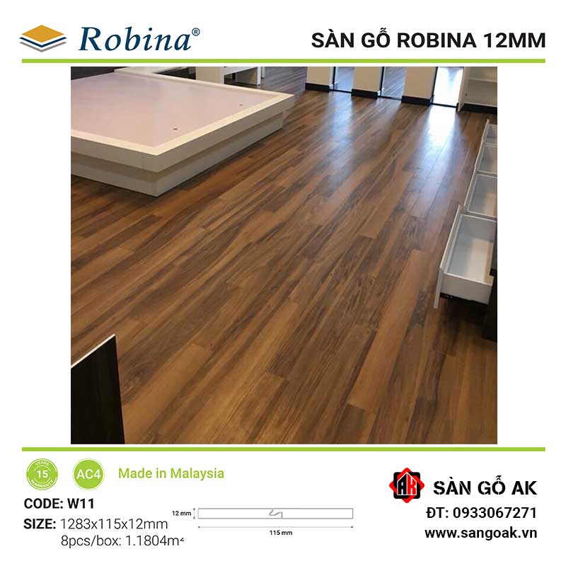 Sàn Gỗ Công Nghiệp Malaysia Robina 12mm W11 Bản Nhỏ