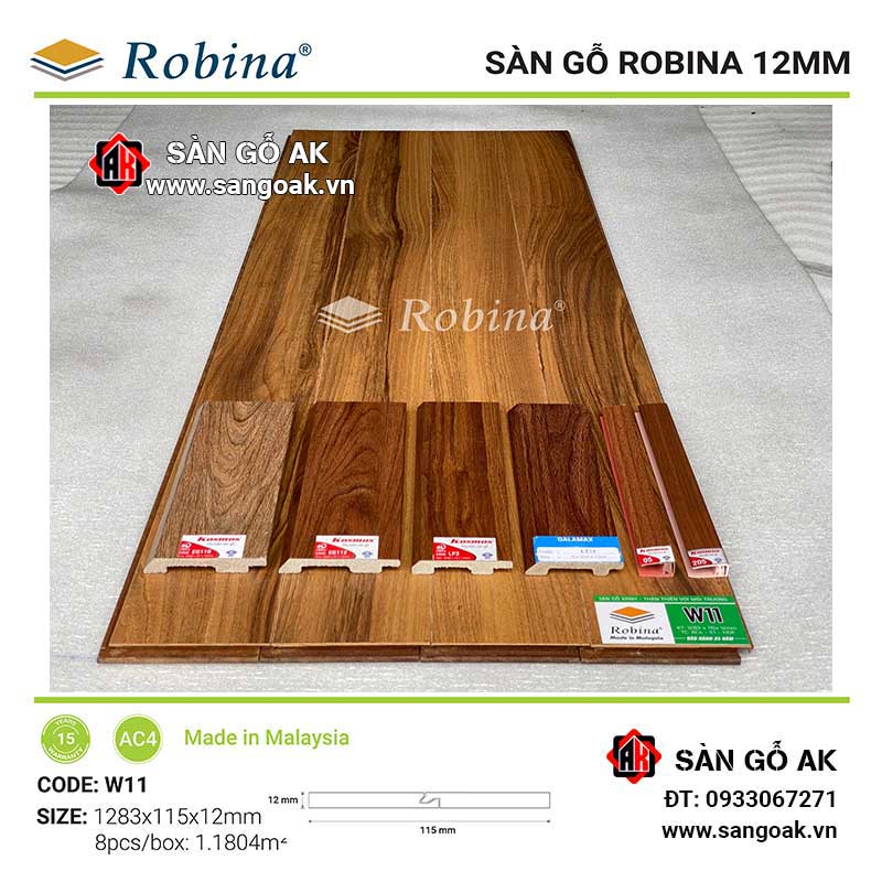 Sàn Gỗ Công Nghiệp Malaysia Robina 12mm W11 Bản Nhỏ