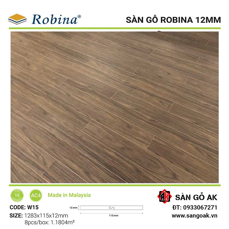 Sàn Gỗ Công Nghiệp Malaysia Robina 12mm W15 Bản Nhỏ