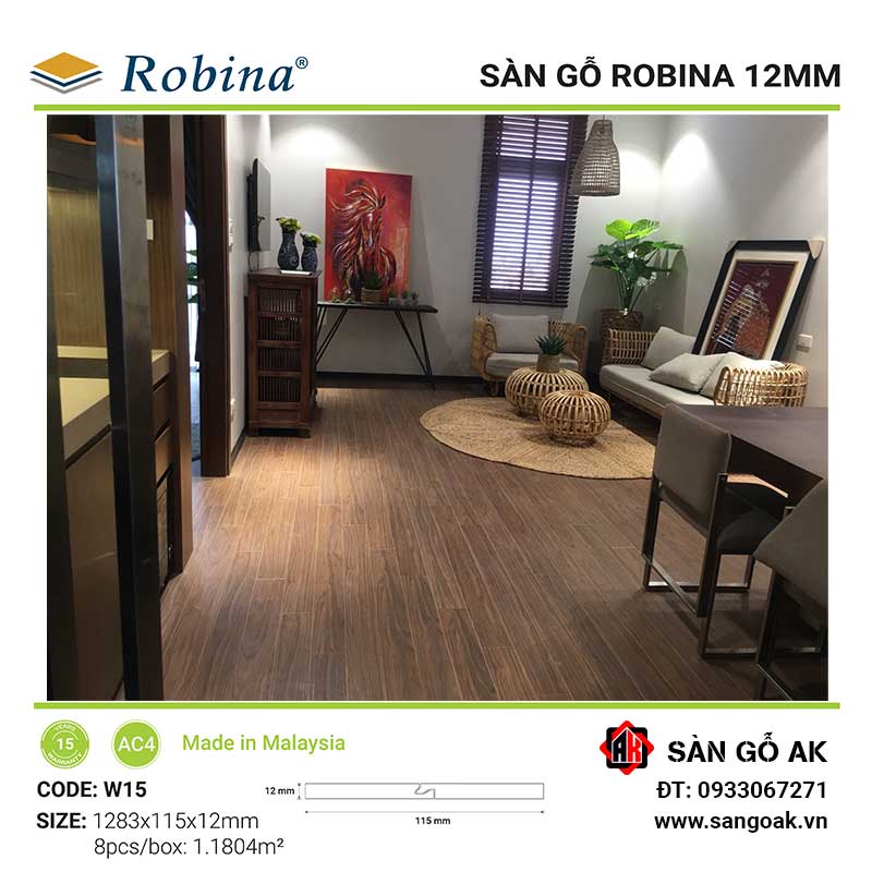 Sàn Gỗ Công Nghiệp Malaysia Robina 12mm W15 Bản Nhỏ