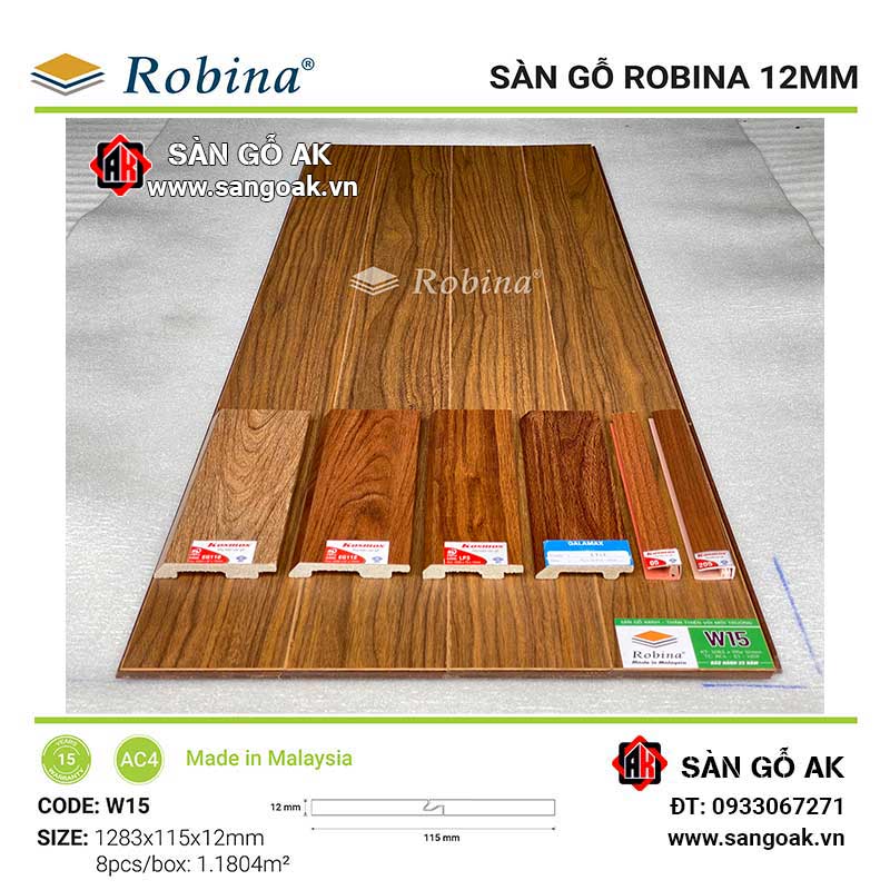 Sàn Gỗ Công Nghiệp Malaysia Robina 12mm W15 Bản Nhỏ