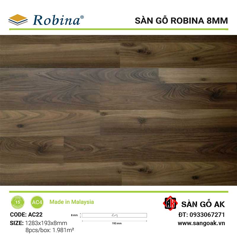Sàn Gỗ Công Nghiệp Malaysia Robina 8mm AC22 Bản Lớn