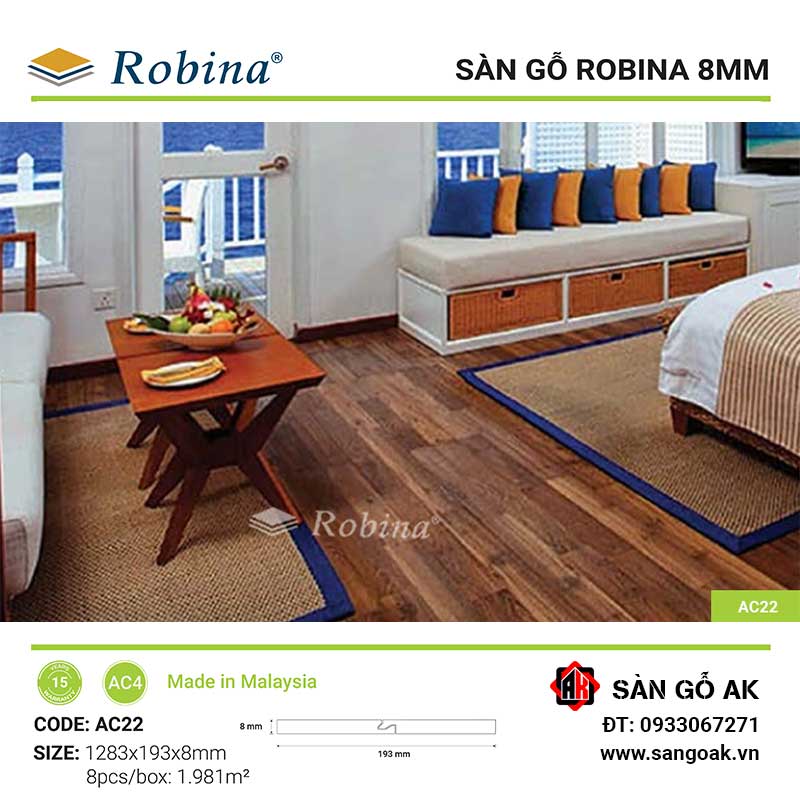 Sàn Gỗ Công Nghiệp Malaysia Robina 8mm AC22 Bản Lớn