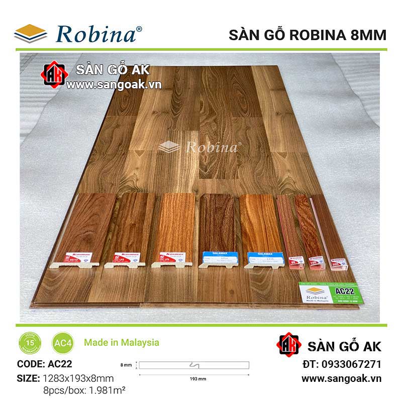 Sàn Gỗ Công Nghiệp Malaysia Robina 8mm AC22 Bản Lớn