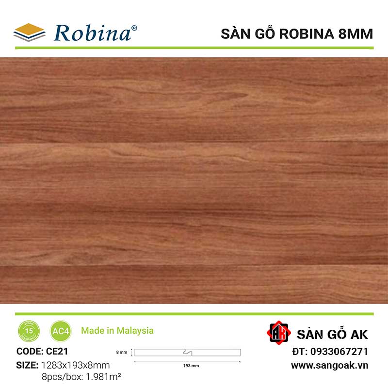 Sàn Gỗ Công Nghiệp Malaysia Robina 8mm CE21 Bản Lớn