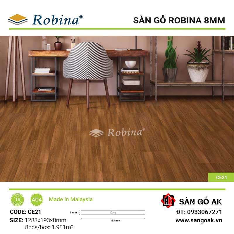 Sàn Gỗ Công Nghiệp Malaysia Robina 8mm CE21 Bản Lớn