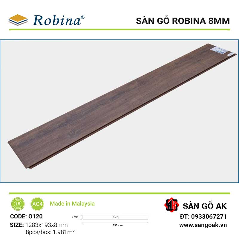 Sàn Gỗ Công Nghiệp Malaysia Robina 8mm O120 Bản Lớn