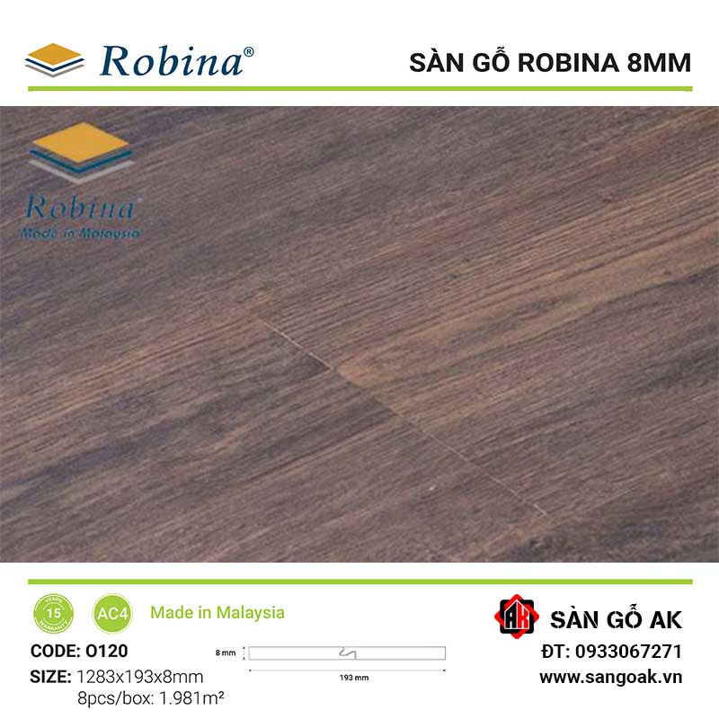 Sàn Gỗ Công Nghiệp Malaysia Robina 8mm O120 Bản Lớn