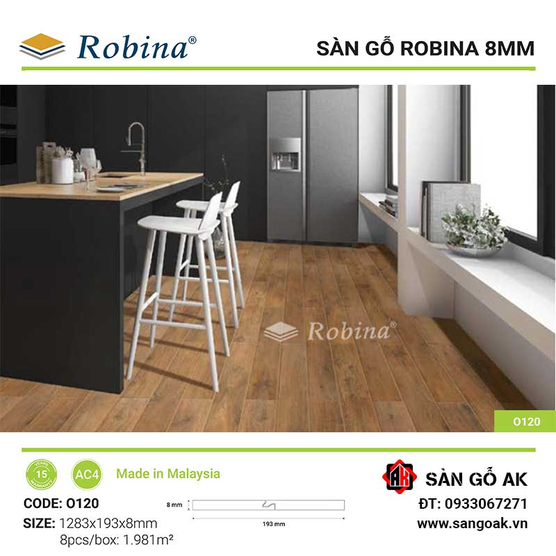 Sàn Gỗ Công Nghiệp Malaysia Robina 8mm O120 Bản Lớn