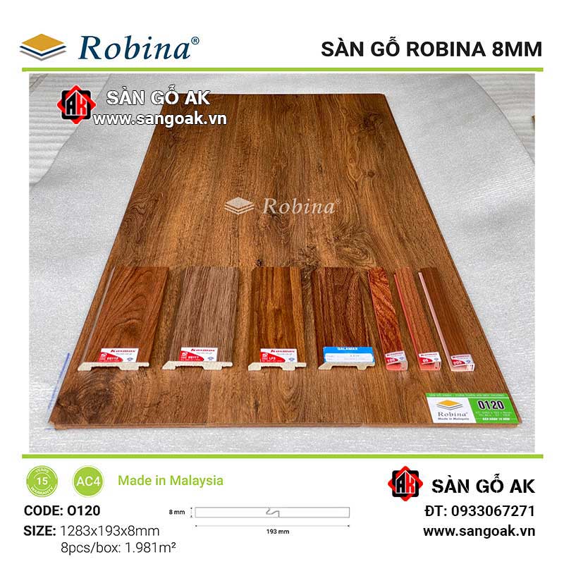 Sàn Gỗ Công Nghiệp Malaysia Robina 8mm O120 Bản Lớn