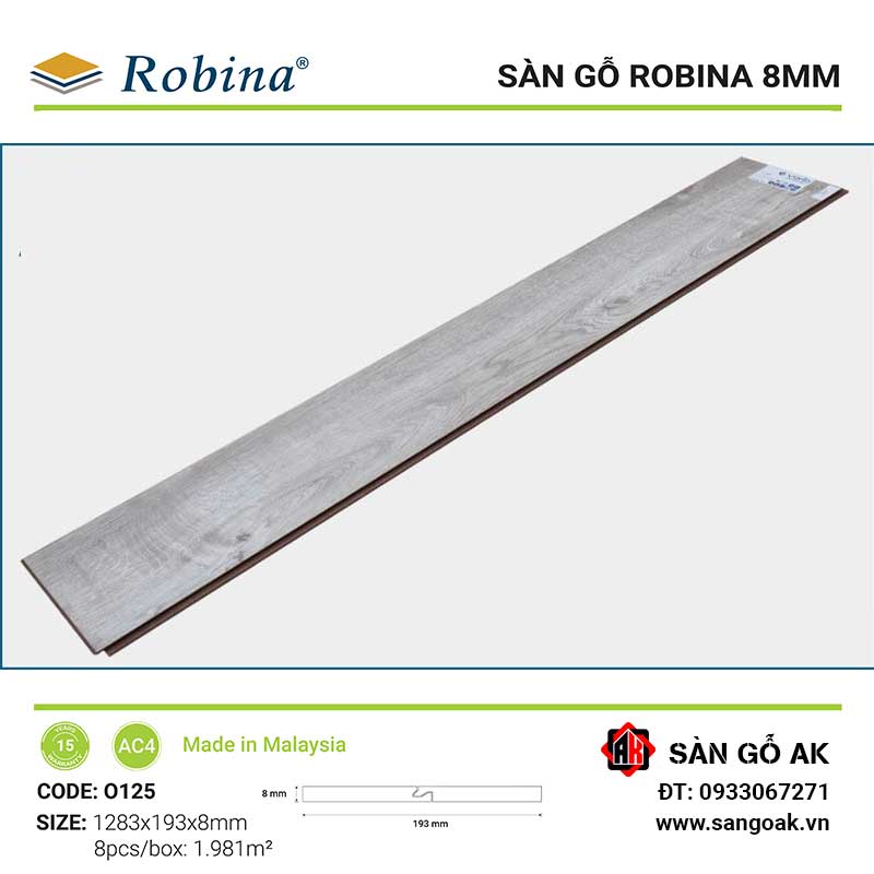 Sàn Gỗ Công Nghiệp Malaysia Robina 8mm O125 Bản Lớn