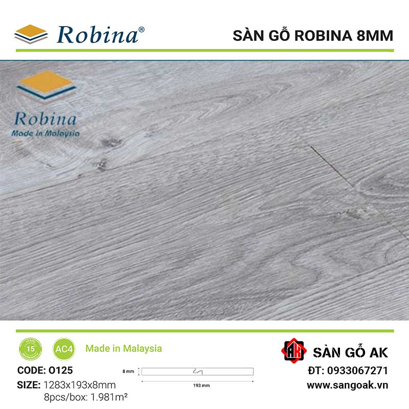 Sàn Gỗ Công Nghiệp Malaysia Robina 8mm O125 Bản Lớn