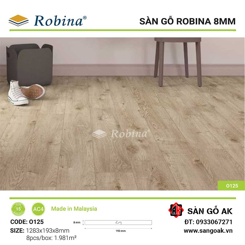 Sàn Gỗ Công Nghiệp Malaysia Robina 8mm O125 Bản Lớn