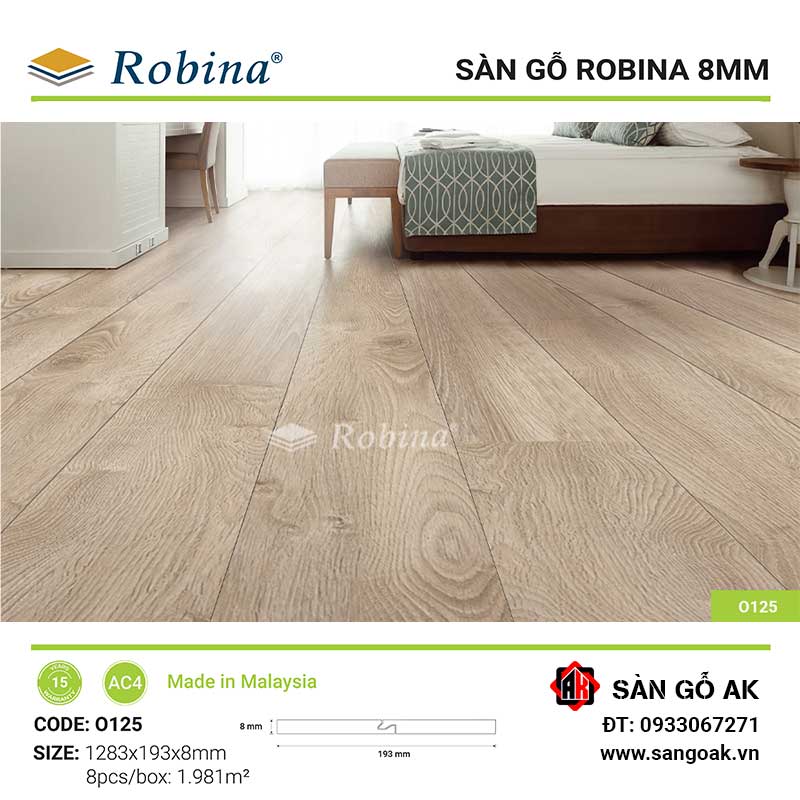 Sàn Gỗ Công Nghiệp Malaysia Robina 8mm O125 Bản Lớn