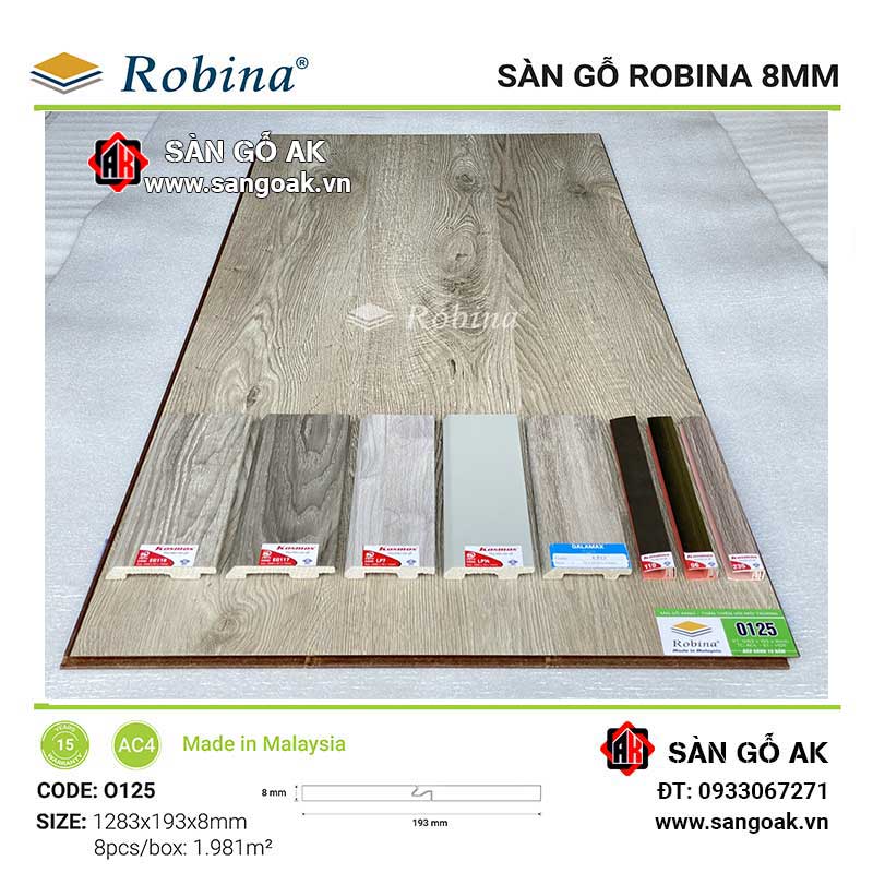 Sàn Gỗ Công Nghiệp Malaysia Robina 8mm O125 Bản Lớn