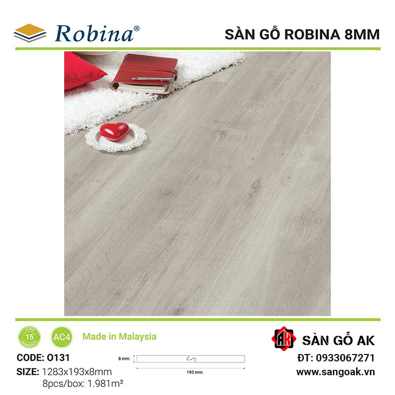 Sàn Gỗ Công Nghiệp Malaysia Robina 8mm O131 Bản Lớn