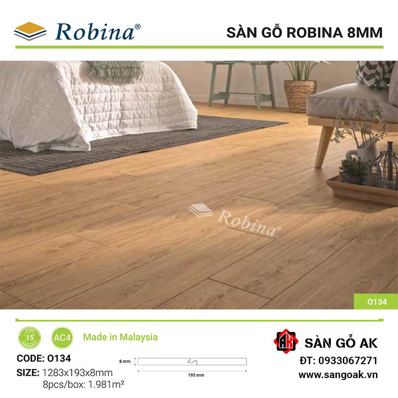 Sàn Gỗ Công Nghiệp Malaysia Robina 8mm O134 Bản Lớn